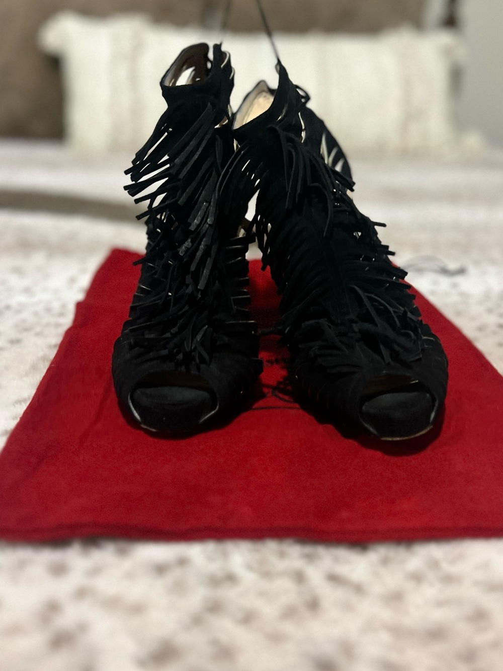 Christian Louboutin Black Fringe Peep-Toe Heels